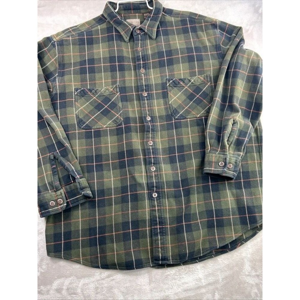 Vtg St Johns Bay Flannel Shirt Mens 2XL Tall Plaid Heavyweight Dark Green